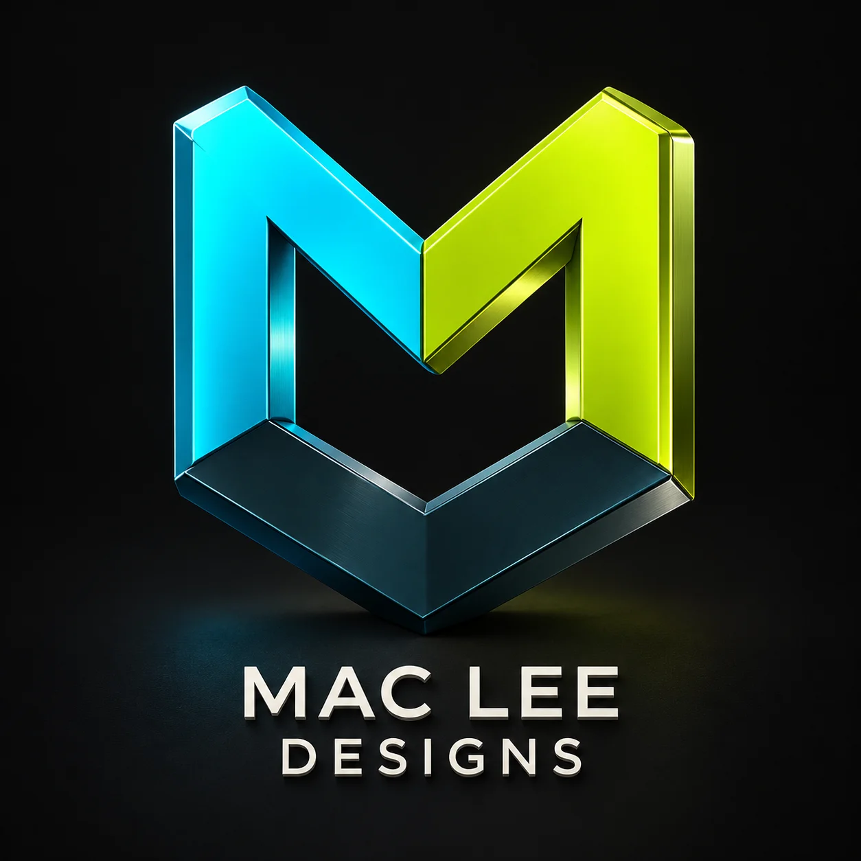 Koncepcja logo MAC LEE DESIGNS: przestrzenna litera M w kolorze cyan i limonki